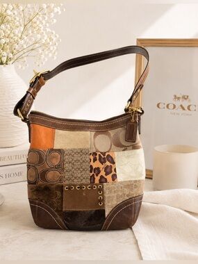 Coach Patchwork Signature Crossbody Bag Brown Animal Print Suede RARE F12840